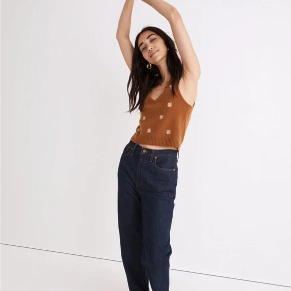 Madewell Floral-Embroidered V-Neck Sweater Tank in the color Acorn 55% Wool SZ S - Picture 1 of 7